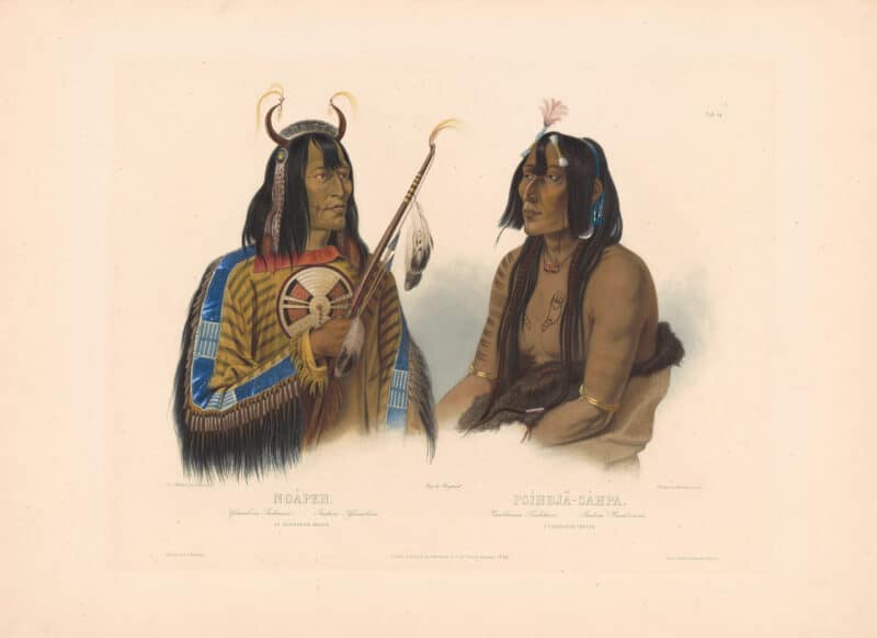 Bodmer Pl. 12, Noépeh, An Assiniboin Indian; Pséhdjé-séhpa, A Yanktonan Indian