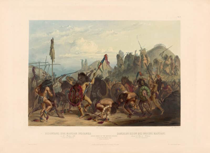 Bodmer Pl. 18, Bison-Dance of the Mandan Indians in front of their Medecine Lodge in Mih-Tutta-Hankush