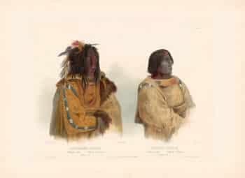 Bodmer Pl. 45, Mehkskeme-Sukahs, Blackfoot-chief; Tatsicki-Stomick, Pickann chief
