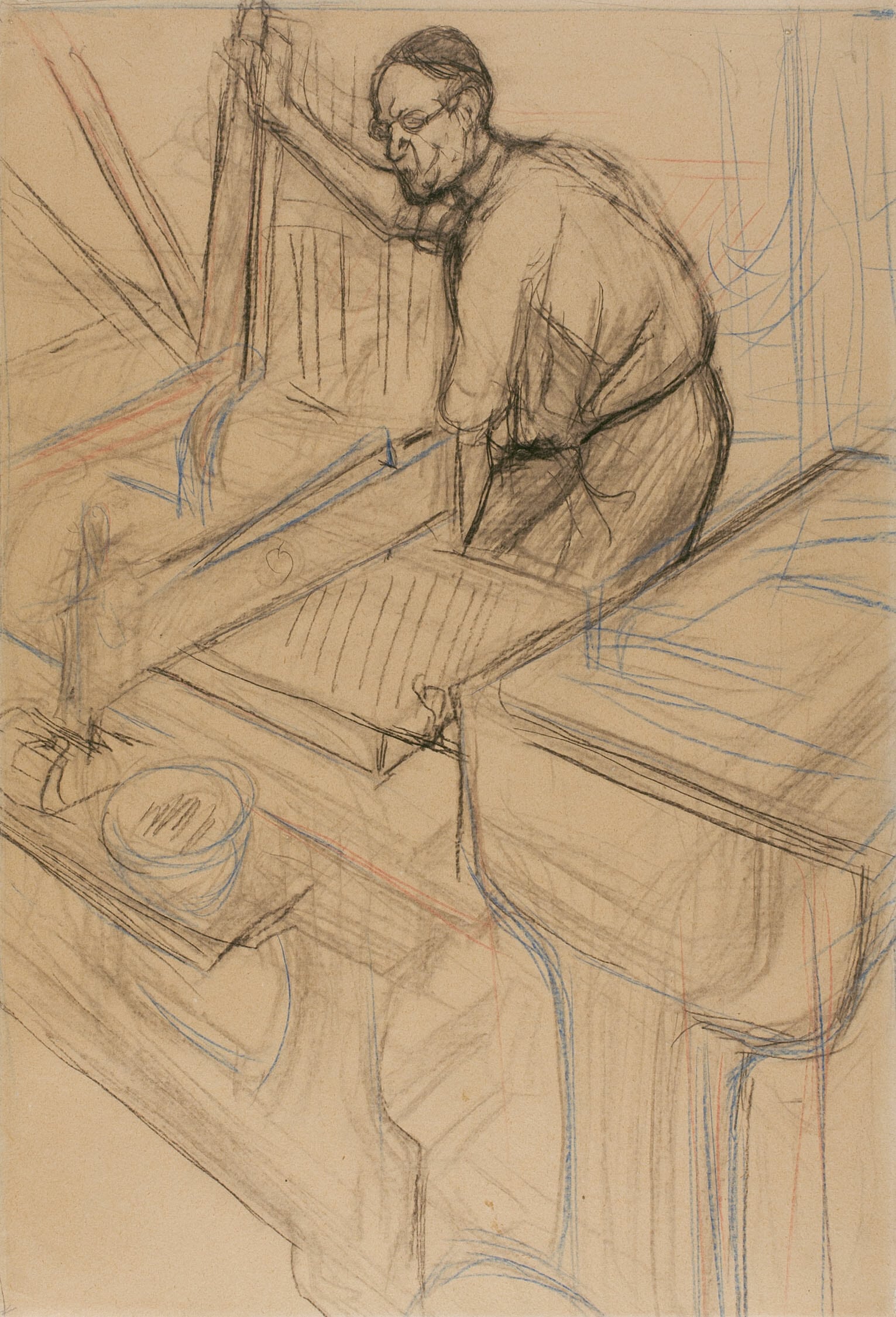 Here Lautrec depicted his favorite printmaker, Père Cotelle, pulling on the lever of the star wheel, which moved the lithographic stone through the press.