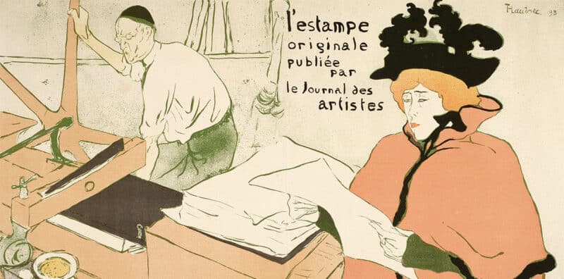 Henri de Toulouse-Lautrec's color lithograph cover for the first album of L’Estampe originale depicts the fashionable Jane Avril examining a print at the Ancourt printing workshop, where the older Père Cotelle, Toulouse-Lautrec’s trusted printer, operates the press.