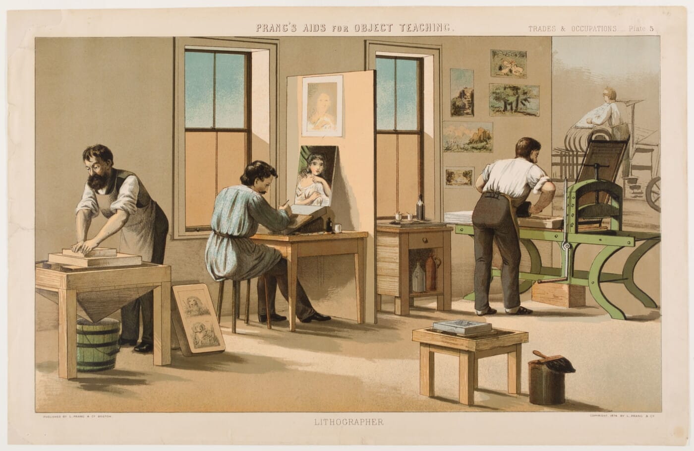 Interior of a printing studio shows the primary lithographer and his apprentices at work