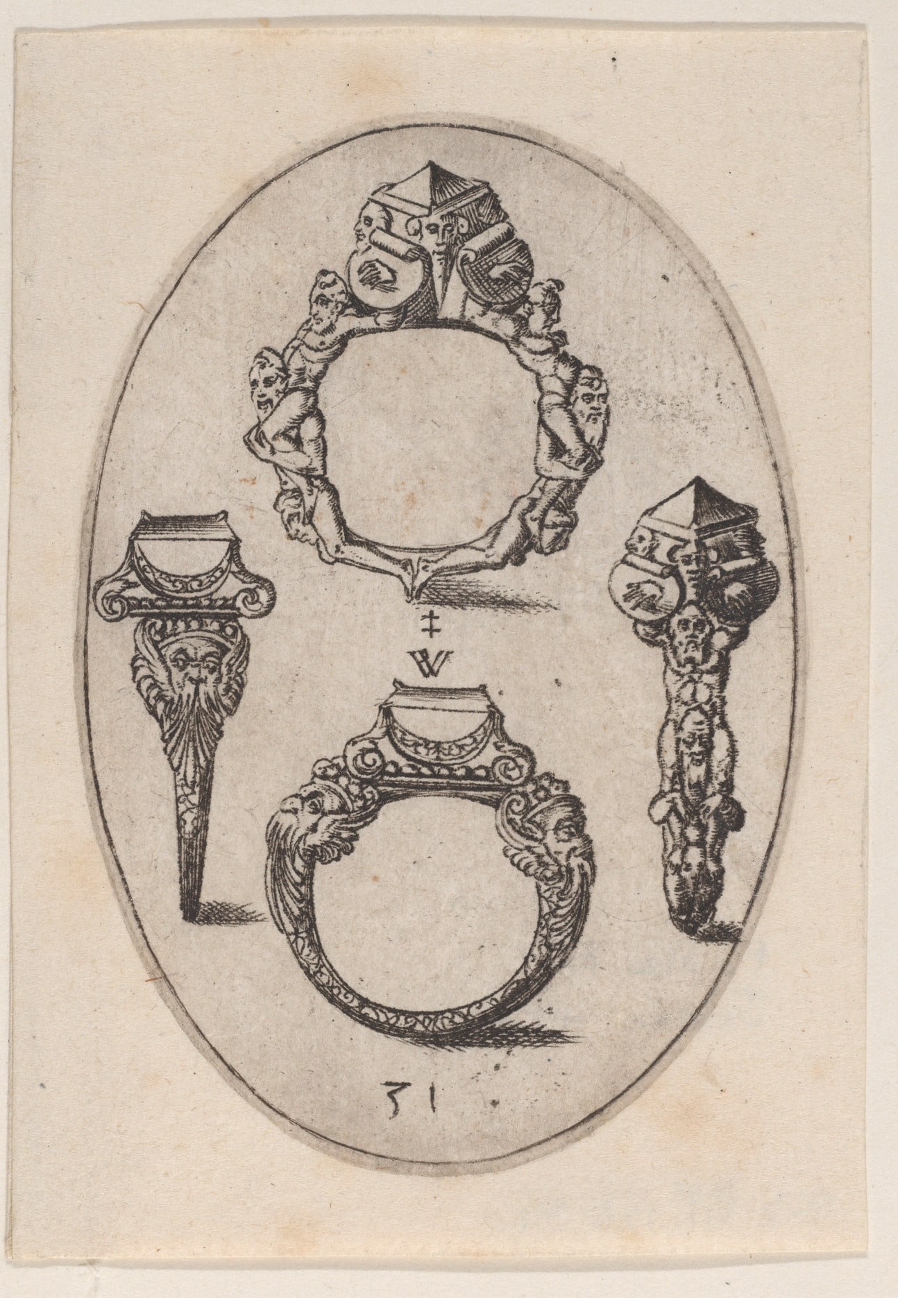 Engraved designs for Four Rings, Plate 31 from 'Livre d' Aneaux d' Orfevrerie'